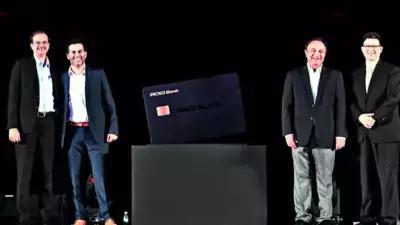 (From L to R) ICICI Bank executive director Rakesh Jha, Times Internet vice chairman Satyan Gajwani, ICICI Bank CEO Sandeep Bakhshi, and Visa group country manager Sandeep Ghosh at the credit card’s launch event on Wednesday at the Gateway of India in Mumbai. Times Internet, ICICI Bank unveil super-premium metal credit card
