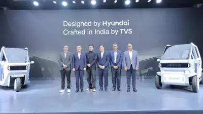 Tarun Garg, COO, Hyundai Motor India, Unsoo Kim, MD HMIL, SangYup Lee, executive VP & head of Hyundai and Genesis Global Design, Chang Hwan Kim, executive VP & head of Electrification Energy Solutions Tech Unit, Hyundai Motor Group, KN Radhakrishnan, director & CEO - TVS Motor Company, Sharad Mishra, president, group strategy - TVS Motor Company, along with the concepts. Hyundai and TVS announce partnership to enter micro mobility segment