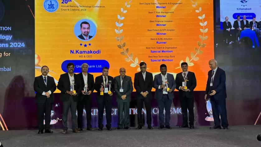 Rabi Sankar handed over the awards to Vijay Anandh, Executive Director of City Union Bank, in the presence of his technical team. CUB wins seven IBA banking technology awards for the second year in a row