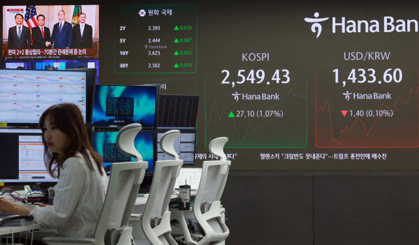 Dealers at Hana Bank headquarters in Seoul working amidst reports on Korea-U.S. trade talks.