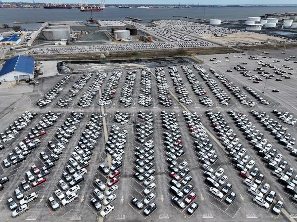 A drone view shows cars at the Port of Baltimore, Maryland, on the day President Trump announced new tariffs.
