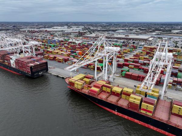 A drone view shows containers on a ship at the Port of Baltimore, Maryland, U.S., April 2, 2025.