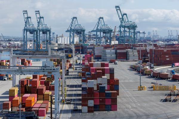 A drone view shows shipping containers from China at the Port of Los Angeles