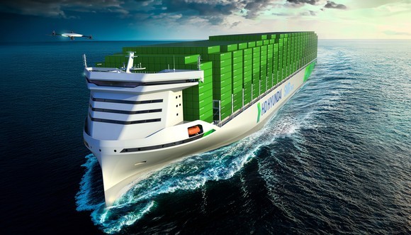 A rendering of the 15,000 TEU SMR-powered container ship unveiled by HD Korea Shipbuilding & Offshore Engineering.